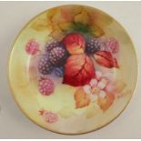 A Royal Worcester circular pin dish, decorated with autumnal fruits and leaves by Kitty Blake,