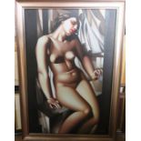 P Evans, after Tamara Lempike, of on canvas, nude female with red lipstick, 36ins x 23.5ins