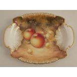 A Royal Worcester rectangular shaped dish, with shell shaped handles, decorated with hand painted
