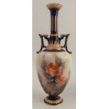 A Hadleys Worcester vase, decorated with roses, the neck, handles and base in navy and peach, height