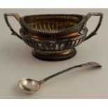 A Georgian silver oval pedestal salt, with gadrooned decoration, London 1806, weight 4oz, together