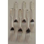 A set of six silver fiddle pattern dinner forks, engraved with an initial, London 1839, weight 15oz