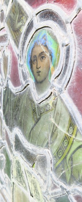 A 19th century stained glass panel, of rectangular form, depicting a saint, on an oak base, size - Image 7 of 8