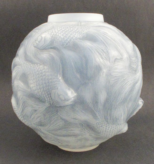 A Lalique Formose vase, decorated with fishes to the spherical form, diameter 6.5ins - Minor