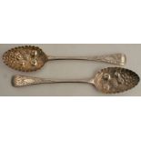 A pair of Georgian silver serving spoons, with later berry decoration, London 1798, weight 3oz