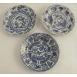 Three 17th/18th century Chinese blue and white dishes, decorated in the kraak style, with aster