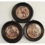 Three framed Pratt ware pot lids, two with titles, diameter excluding frames 4ins - All crazed to