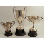 Three hallmarked silver trophies, with presentation and winners inscription, all on plastic bases