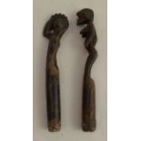 A pair of Cote D'Ivoire Senufo Poro Society carved wooden speaking tubes, height 7.5ins