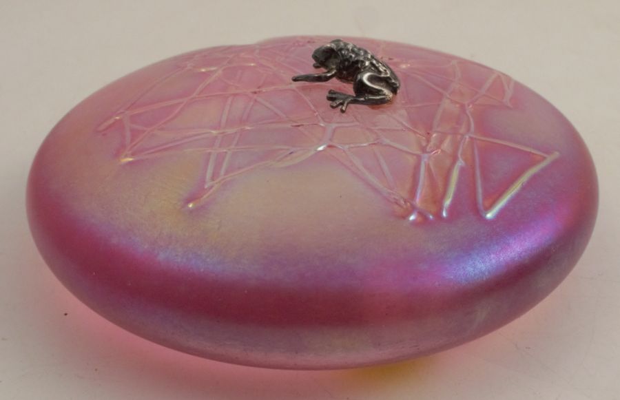A Glasform pink iridescent glass paperweight, mounted with a silver frog, etched J Ditchfield to - Image 2 of 4