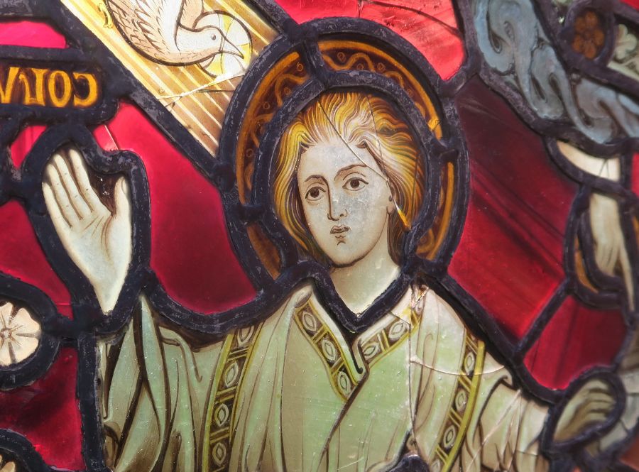 A 19th century stained glass panel, of rectangular form, depicting a saint, on an oak base, size - Image 8 of 8