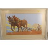 K Nixon, oil on board, ploughing scene with two shire horses, 17ins x 29ins