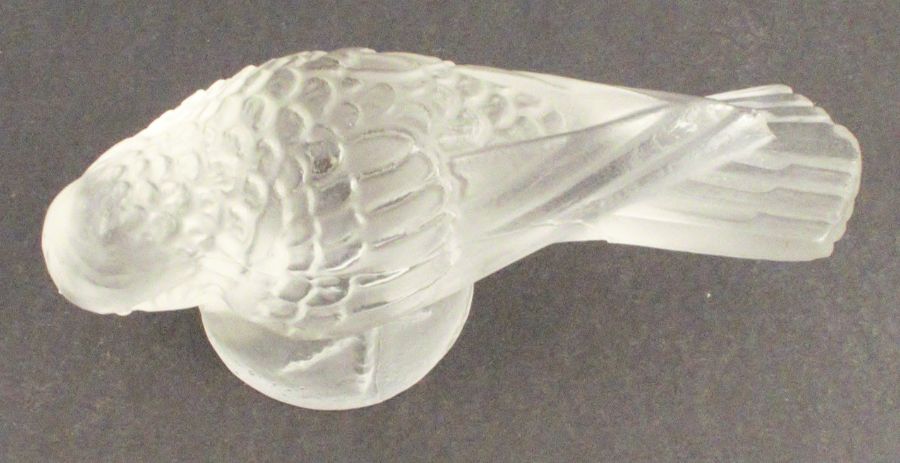 A Lalique bird, surmounted on a domed pedestal, width 4.75ins - The beak is rough to touch but - Image 2 of 3