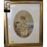 A Regency design oval stump work study of a lady, height 9ins