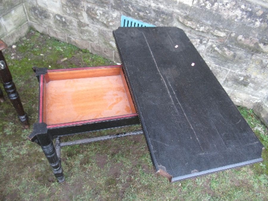 An ebonised fold over card table, of rectangular form, raised on four turned legs united by - Image 3 of 6