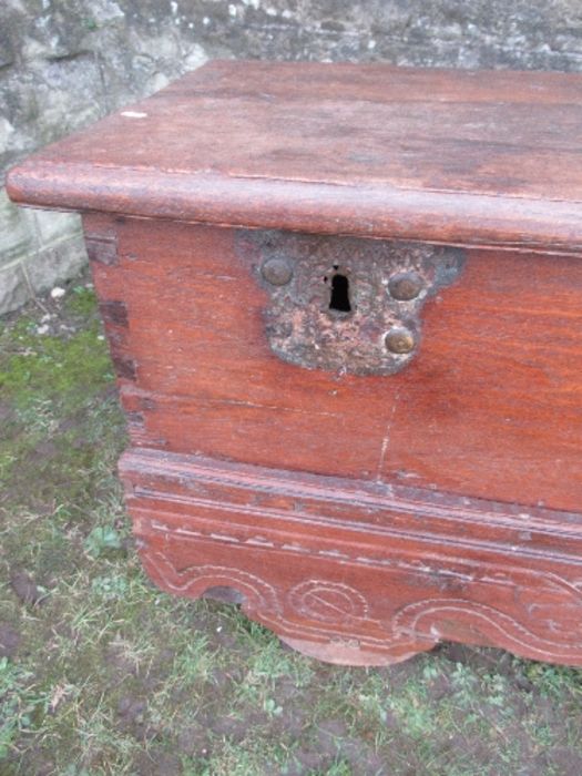 A 19th century hardwood Indonesian dowry chest, with two escutcheons and locking plates, having a - Image 2 of 9