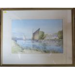 Graham Howlett, watercolour, sail boats on water with thatched house, 14ins x 20ins