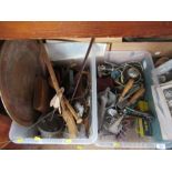 Two boxes of assorted sundries, to include tools, tray, etc.