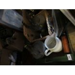 A box of assorted items, to include a small wicker basket, two copper kettles, a jug etc