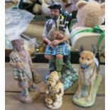 A Royal Doulton figure, The Piper, together with a Border Fine Arts Alsatian and two other figures