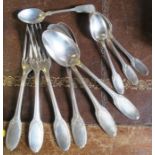 Three French silver plated dinner forks, together with three matching serving spoons and tea spoons,
