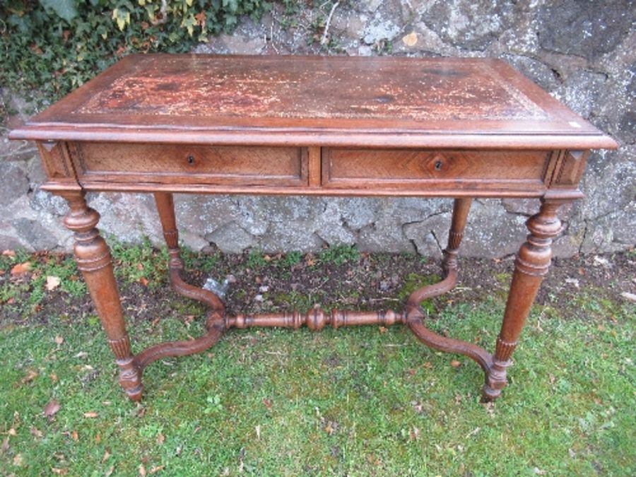 A 19th century rosewood centre writing table, of rectangular form, fitted with two parquetry quarter