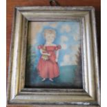 A 19th century watercolour, portrait of a girl holding a doll, in landscape, 4ins x 3.25ins