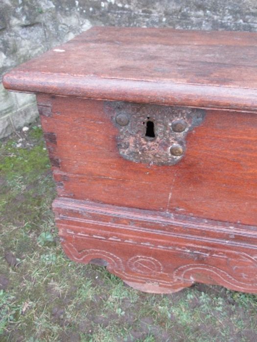 A 19th century hardwood Indonesian dowry chest, with two escutcheons and locking plates, having a - Image 7 of 9