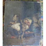 A 19th century oil on canvas, dog jumping up to a baby in a crib, unframed, 8ins x 7ins