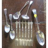 Five pieces of hallmarked silver flatware, together with a set of six filigree forks