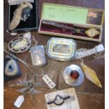 A hallmarked silver pill box, together with a vesta case, a watch and various items of jewellery