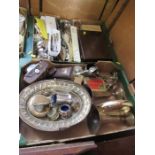 Two boxes of sundries, to include flatware, condiments, clock, camera, etc. (37014)