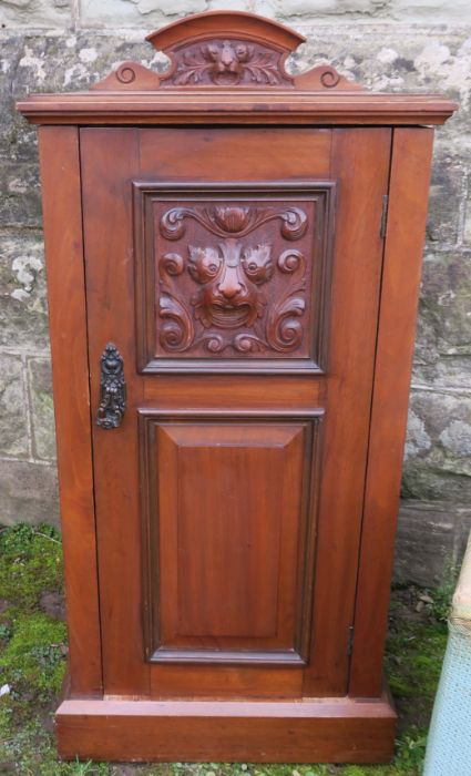 An Edwardian oak pot cupboard, with carved decoration to door and back, height 35ins, together - Image 2 of 4