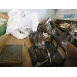 Assorted boxes of sundries, to include metal horse figures, goblets, magazines, table knives, etc.