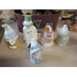 Five Royal Worcester candlesnuffers, Toby, Mr Caudle, Punch, Budge and Mrs Caudle