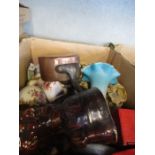 Box of assorted sundries to include copper saucepan, teaware, vase, etc.