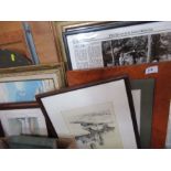 A collection of framed pictures and prints, to include Charlie Chaplin mirror, Spy cartoons,