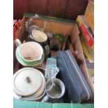 A box of sundries to include character jugs, Wedgwood, carpentry planes, etc.
