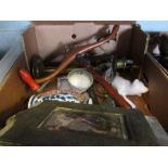 A box of assorted sundries, to include frames, vases, figures, etc.