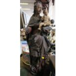 An Antique carved wooden religious figure, of woman and child, height 23ins