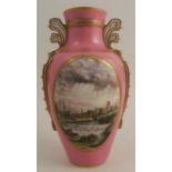 A Royal Worcester pink ground vase, decorated with a view Worcester with the cathedral from Diglis