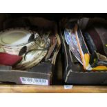 Two boxes of assorted sundries, to include Bridgwood plates, candle stand, finger plates, meat