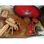 A box of sundries, to include scales, nutcrackers, papiermache tray, etc.