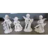 Four continental cherub models, the four seasons, crack to one wing, heights 6ins and down