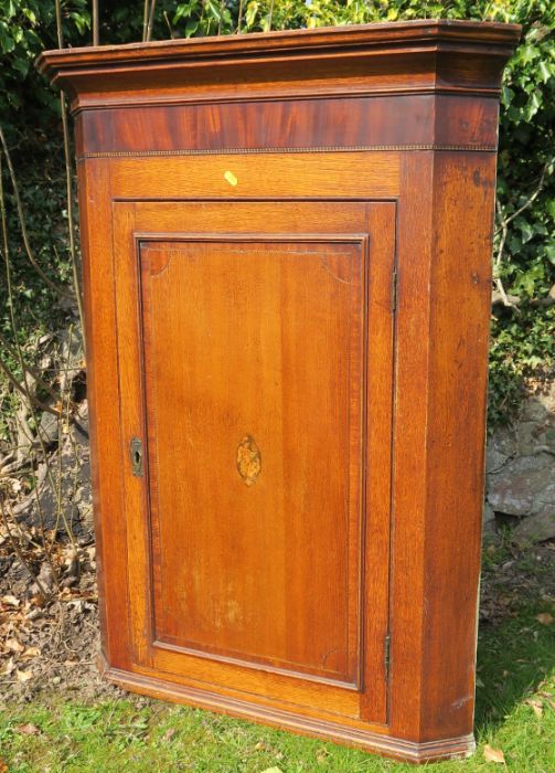 An Antique oak corner cupboard, the door inlaid with an oval of Britannia