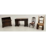 A collection of miniature furniture, to include a mahogany bureau, the fall flap opening to reveal a