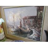Reynolds, oil on canvas, harbour scene, 16ins x 19ins - paint lose in areas