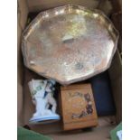 A box of assorted sundries, to include Putti figure, white metal tray, cased flatware, etc.