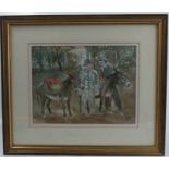 John Uht, watercolour, Flower Pickers, two men with donkeys carrying baskets of flowers, 9ins x