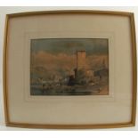 A 19th century watercolour, Continental scene with figures, animals and buildings by water, 6.